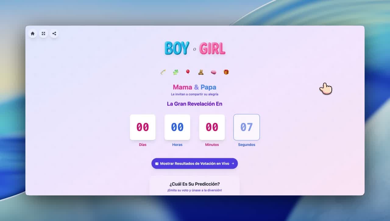 RevealTogether gender reveal — synchronized countdown and live voting