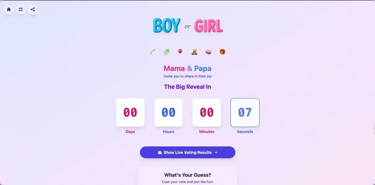 RevealTogether gender reveal — synchronized countdown and live voting