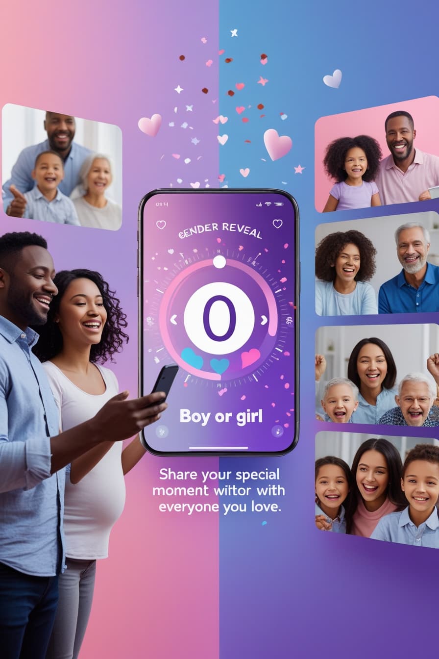 Family joining a digital gender reveal from multiple locations