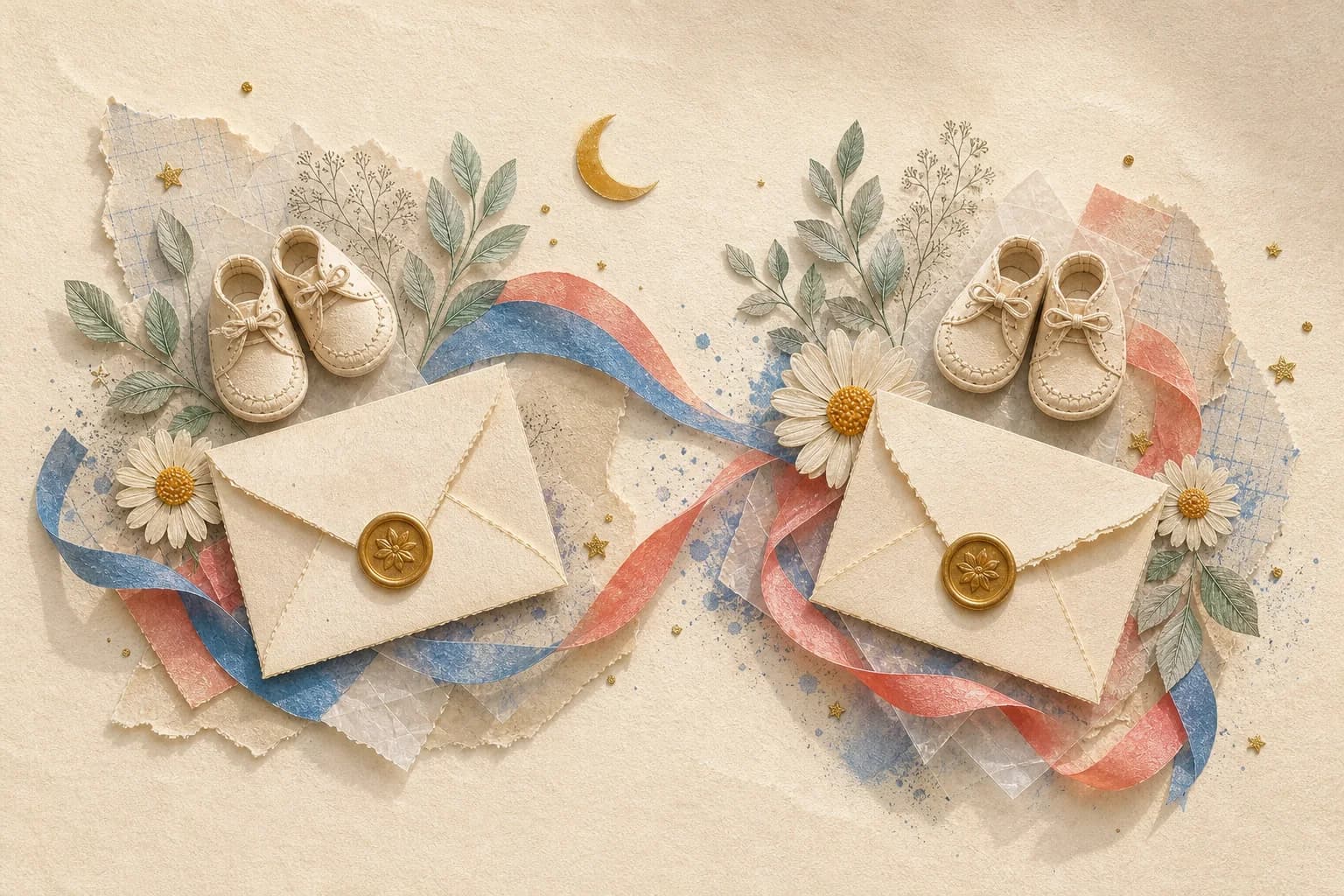 Two pairs of baby shoes and two sealed envelopes in a handmade paper collage