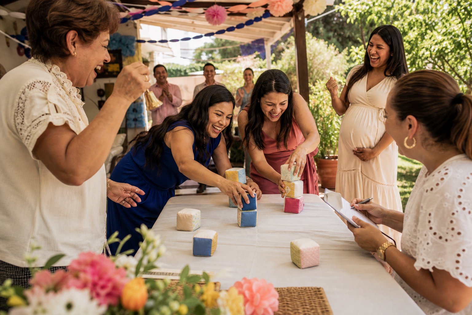 Family and friends competing in a team game during a baby shower