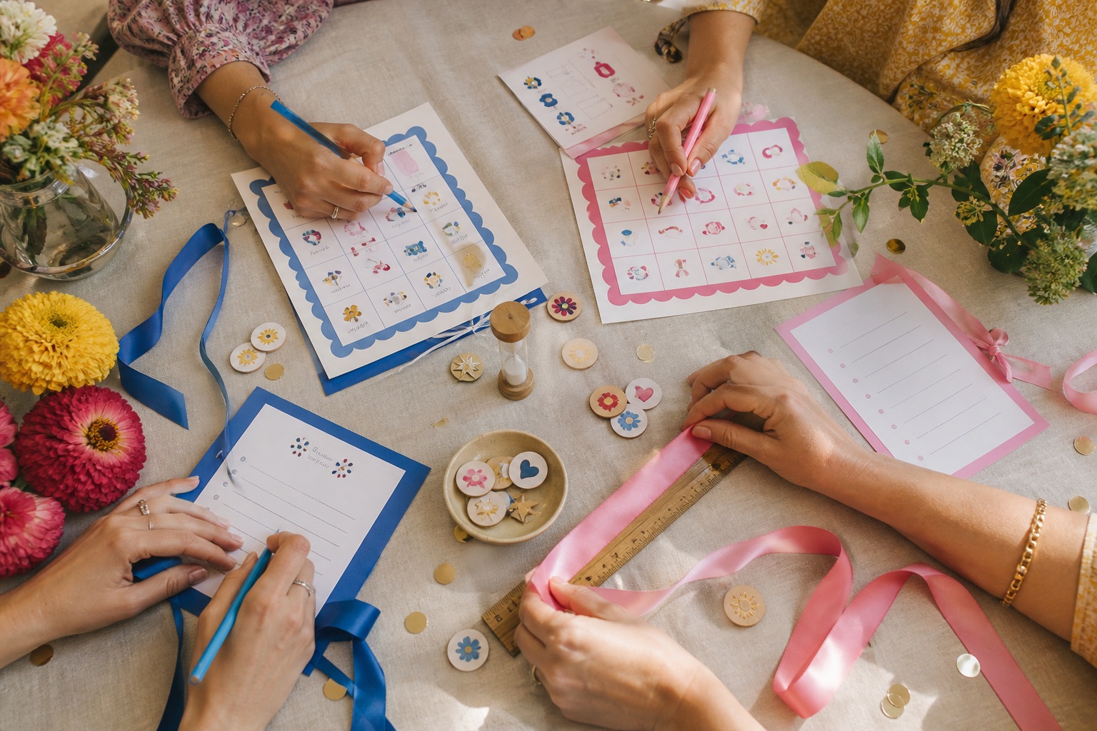 A baby shower games table with bingo cards, name cards, ribbons and prize tokens